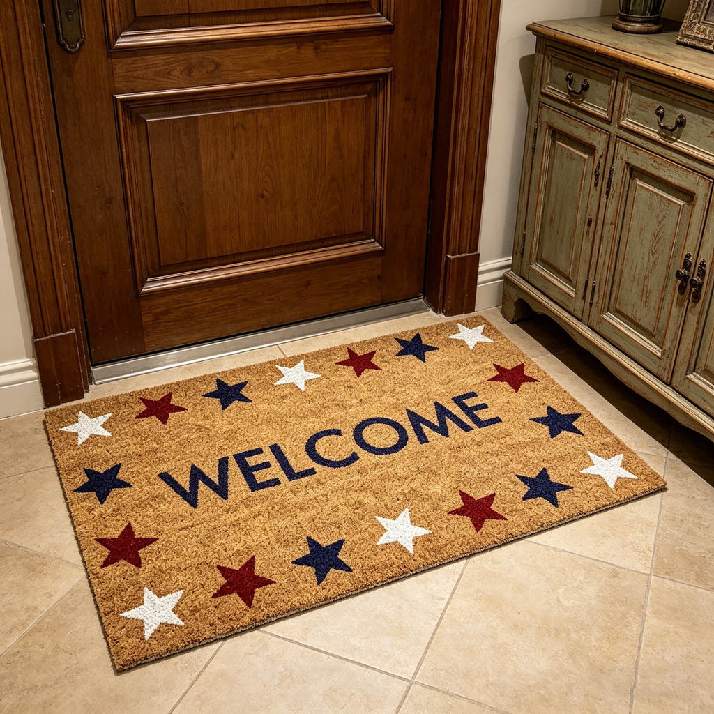 Patriotic Door Mat 4th of July Bow Flag Floor Doormats Independence Day Star Welcome Non Slip Mats for Front Porch Decor 16*24in Black