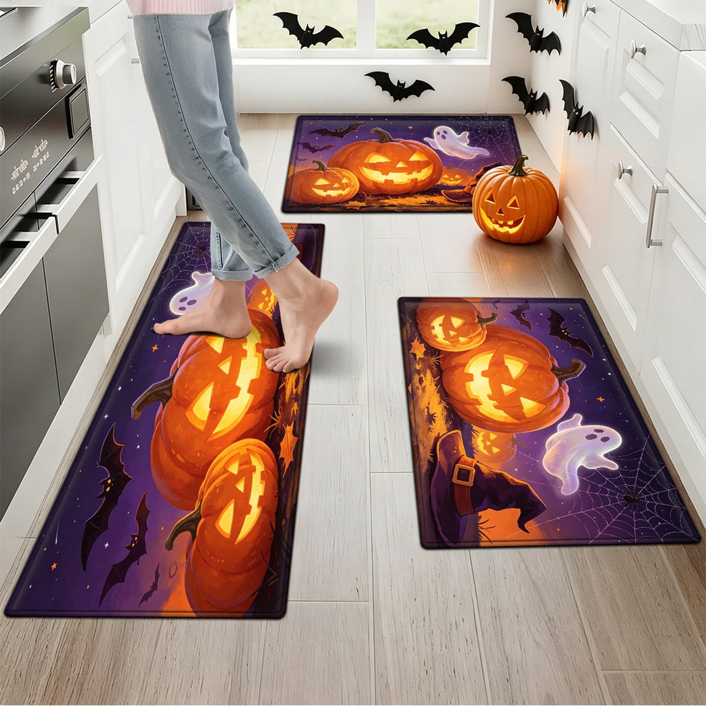 YIMEIS Halloween Pumpkin Lantern 3Pcs Flannel Mat & Kitchen Rugs Set,16''×24'' 20''×30'' 17''×47'' Inches,Soft Non-slip for Home Bathroom