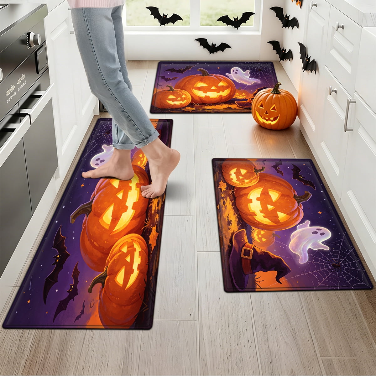 YIMEIS Halloween Pumpkin Lantern 3Pcs Flannel Mat & Kitchen Rugs Set,16''×24'' 20''×30'' 17''×47'' Inches,Soft Non-slip for Home Bathroom