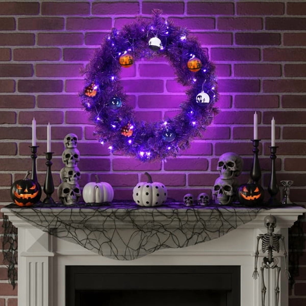 Alvantor 24 in Pre-Lit Halloween Wreath with 50 Purple and Orange LED Lights, 100 PVC Tips, DIY Ball Ornaments, Battery Powered, Purple