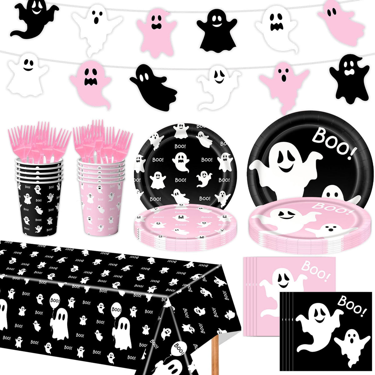 50/73/93Pcs Halloween Boo Party Tableware Supplies Decorations,Spooky Ghost Plates Napkins Boo Ghost Tableware Tablecloth Banner for Halloween Birthday Party Boo Baby Shower Party Supplies