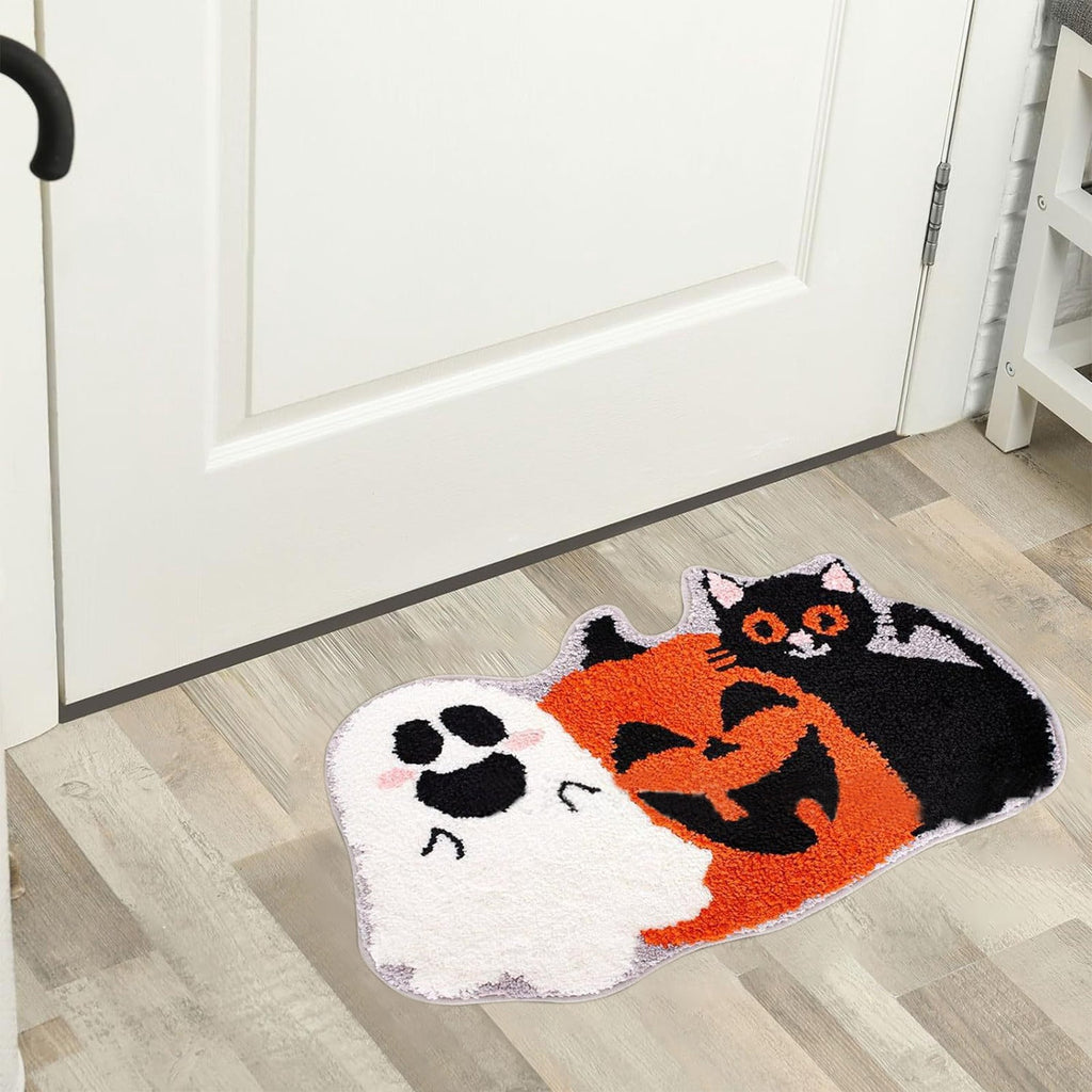 Orange Plaid Fall Outdoor Mat, Hand-Woven Porch Rug for Thanksgiving Halloween Door Decor
