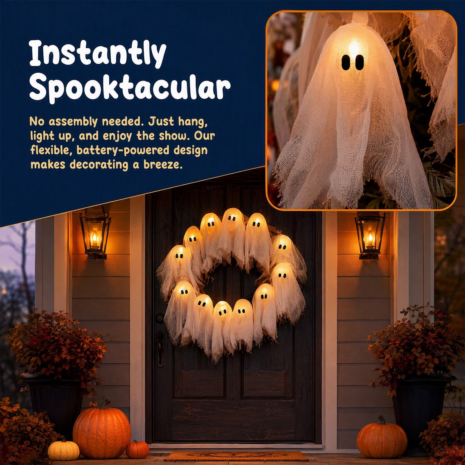 Halloween Glowing Ghost Wreath, Light-up Spooky Wreath with 12 Ghost Decor, RC, 6H Timer, Ideal for Halloween Party (A 12x3inch)