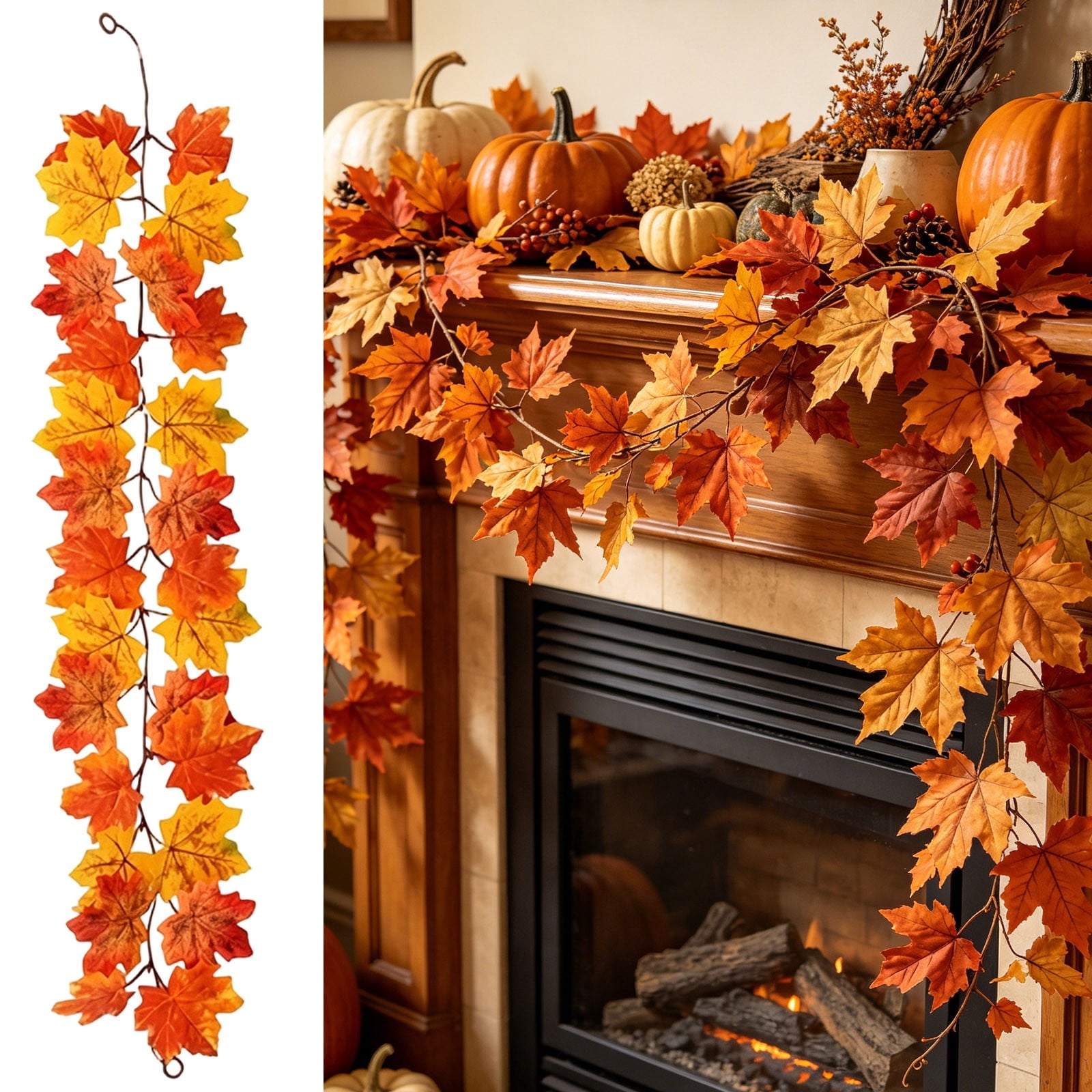 WKSCLPAI Halloween Maple Leaf Garland, Fall Vine Wreaths for Autumn Festivities Decor,Seasonal Garlands for Home,Halloween & Fall Decorations