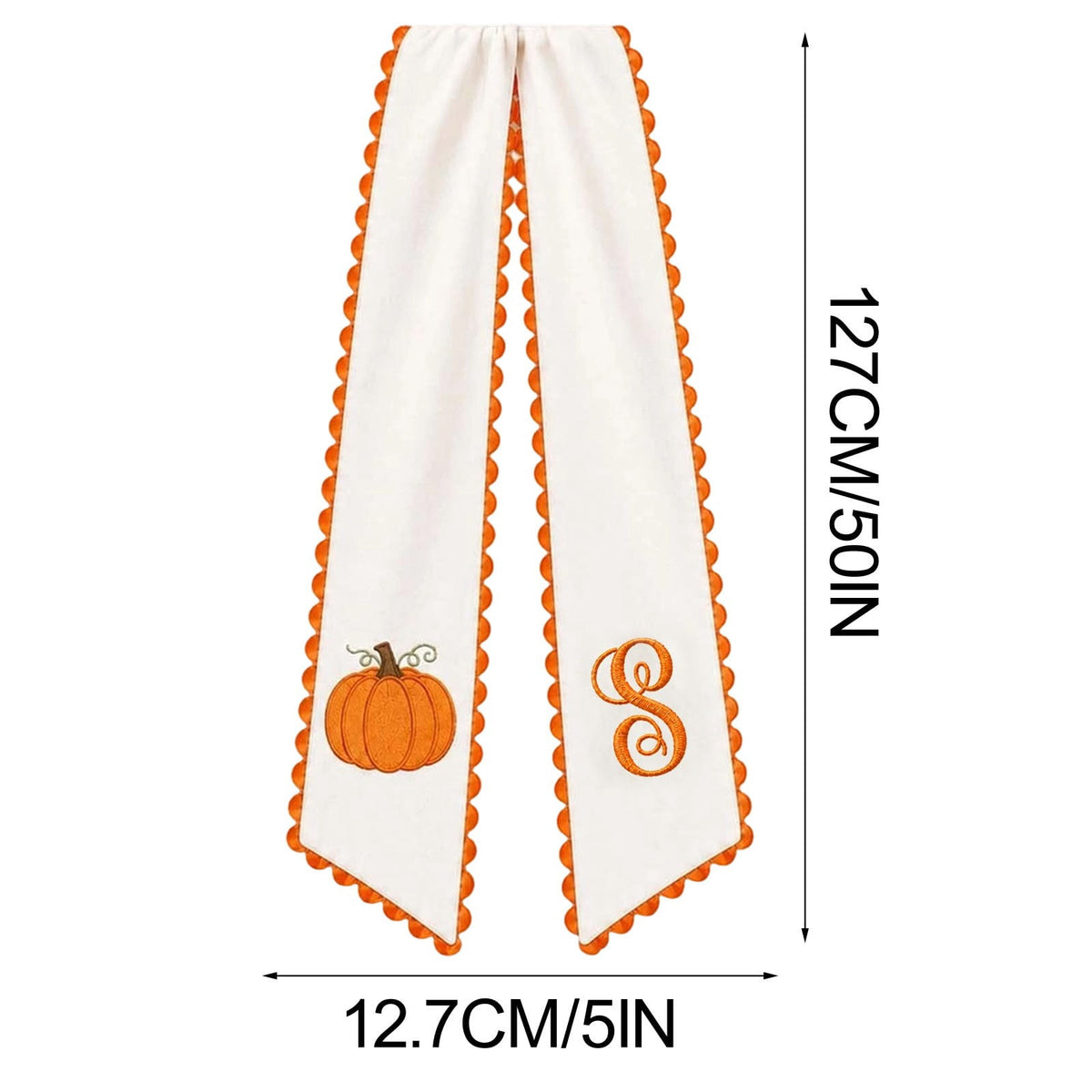 Pumpkin Embroidered Wreath Sash, 50 x 5 inch Orange Scalloped Lettered Ribbon for Halloween, Thanksgiving, Front Door, Seasonal Garland and Fall Home Decor, I