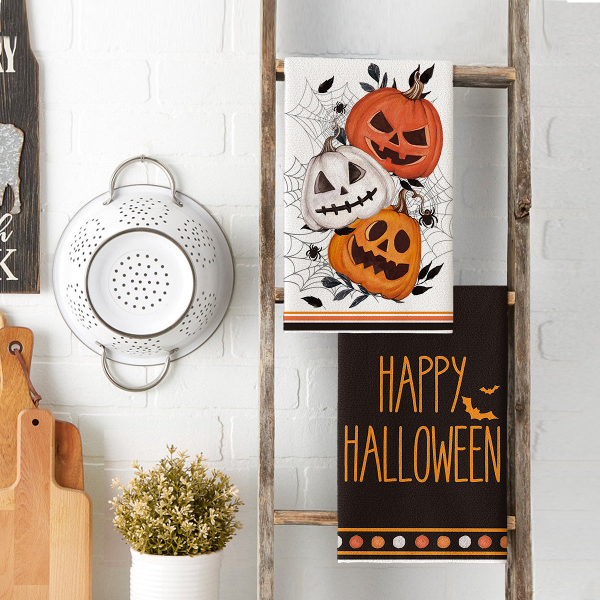 Sm:)e Spider Web Jack-O'-Lantern Pumpkin Cat Happy Halloween Kitchen Towels Dish Towels 18x26 Inch Set of 2