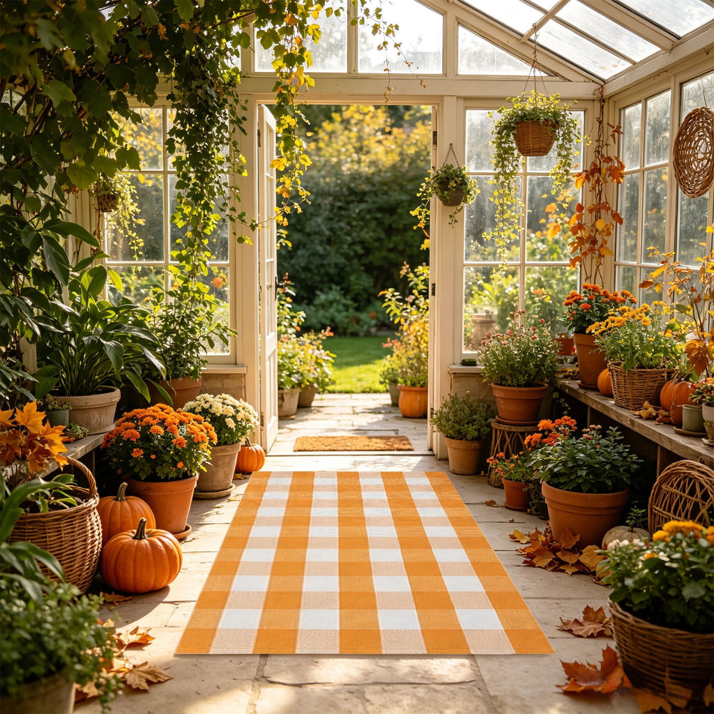 Orange Plaid Fall Outdoor Mat, Hand-Woven Porch Rug for Thanksgiving Halloween Door Decor