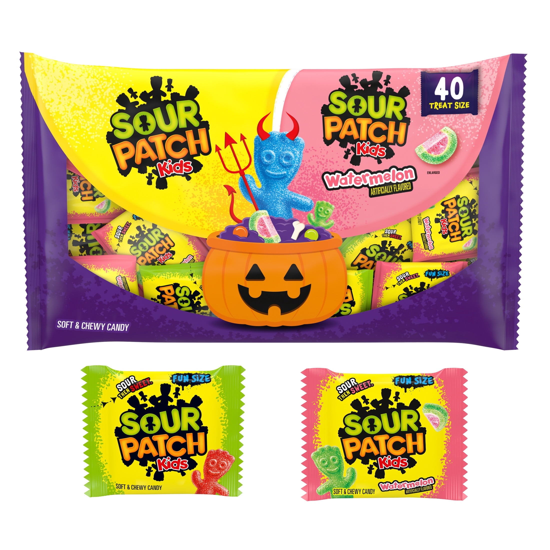 SOUR PATCH KIDS Original & Watermelon Halloween Candy Variety Pack, 40 Trick or Treat Bags
