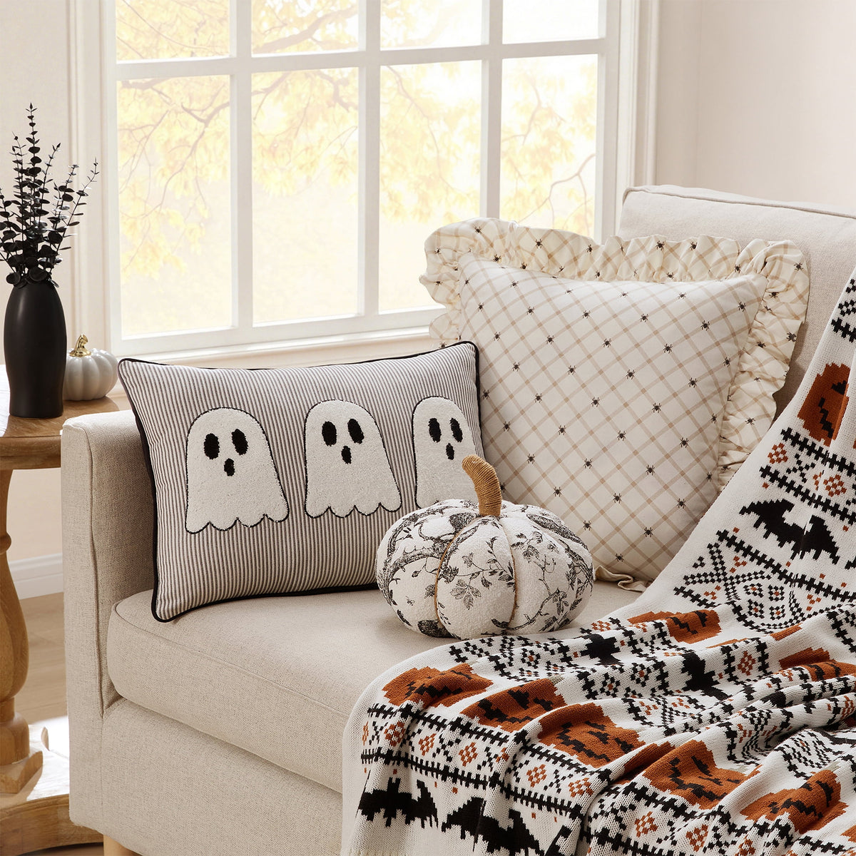 My Texas House Halloween Raven Toile Pumpkin Decorative Pillow, Ivory and Black, 6" x 10"