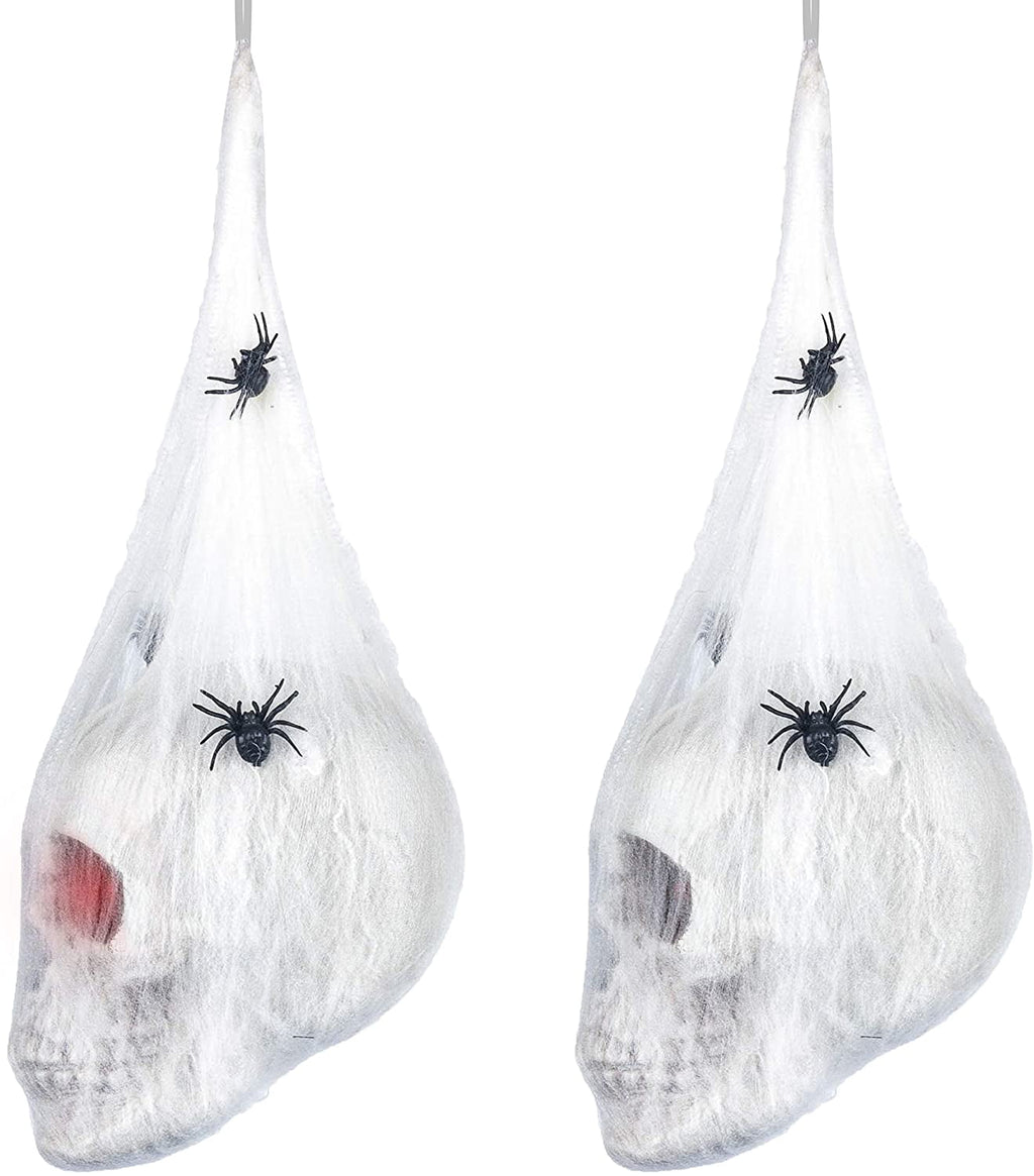 Petmoko Halloween Animated Hanging Skulls Head Covered with Spider Webs and Light Up Eyes, Halloween Hanging Decorations, Halloween Party Decorations, Outdoor Lawn Decor, Halloween Wall Hanging Decor