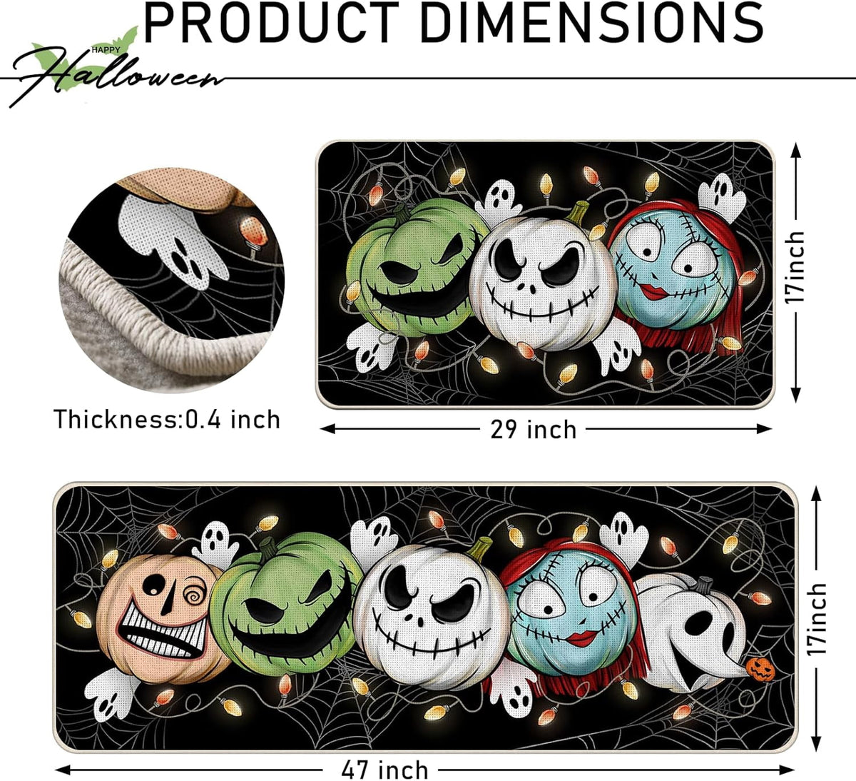 Halloween Jack Skellington Kitchen Rugs Set of 2, Green Monster Mayor Jack O Lantern Pumpkin Kitchen Mats Decor, Funny Holiday Ghost Floor Door Mat Home Decorations - 17x29 and 17x47 Inch