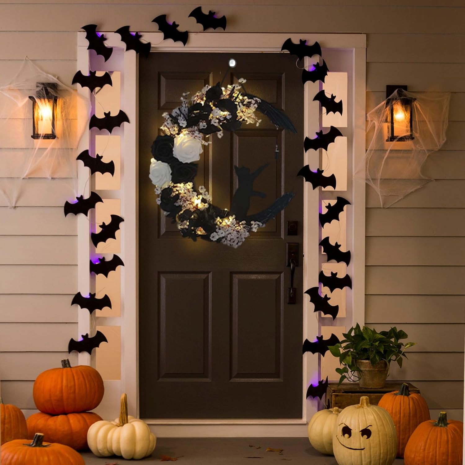 Halloween Wreaths For Front Door, Flower Moon Cat Halloween Home Decoration, Halloween Family Gathering Decoration Wreath，Outdoor, Wall, Closet, Fence, Wreath Halloween (Pink roses)