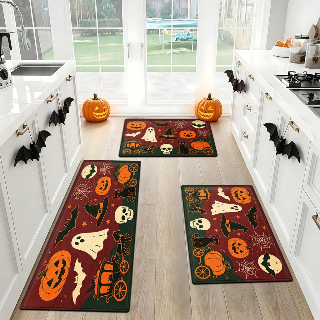 YIMEIS Halloween Neon Pumpkin Lanterns 3Pcs Flannel Mat & Kitchen Rugs Set,Soft Non-slip,16''×24'' 20''×30'' 17''×47'' Inches,for Entryway Bathroom
