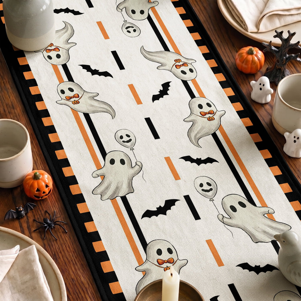 Sm:)e Halloween Table Runner Ghost Pumpkin 13x72 Inch, Halloween Party Kitchen Dining Indoor Outdoor Decorations,Orange