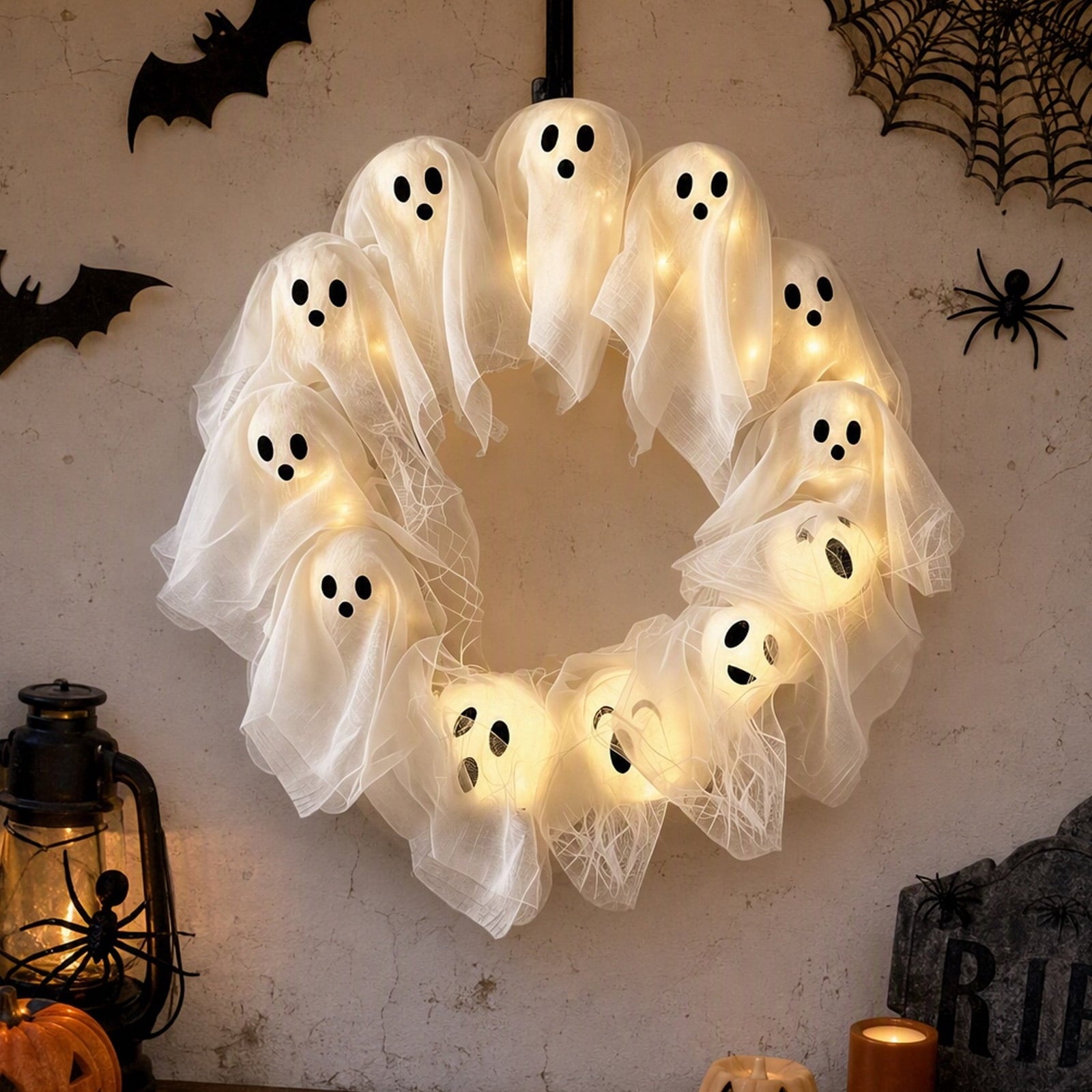Halloween Glowing Ghost Wreath, Light-up Spooky Wreath with 12 Ghost Decor, RC, 6H Timer, Ideal for Halloween Party (A 12x3inch)