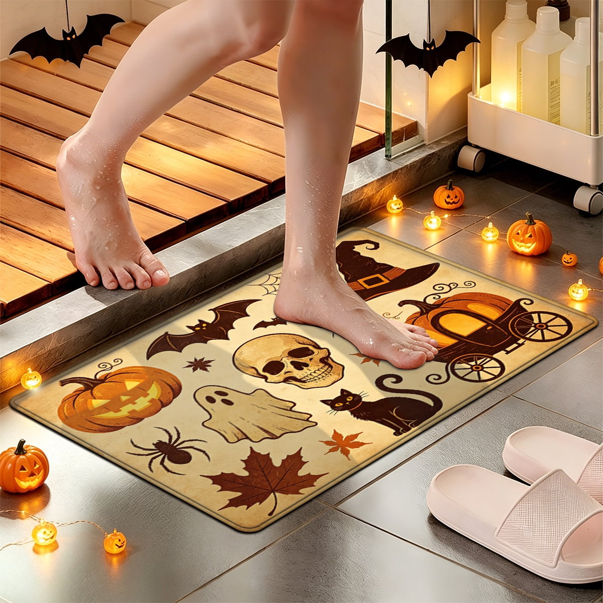 YIMEIS Halloween Neon Pumpkin Lanterns 3Pcs Flannel Mat & Kitchen Rugs Set,Soft Non-slip,16''×24'' 20''×30'' 17''×47'' Inches,for Entryway Bathroom