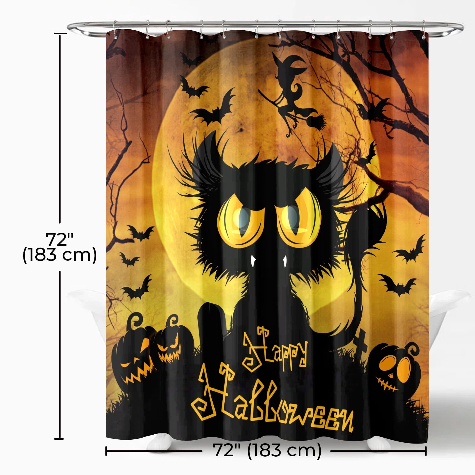 Seasonwood Halloween Shower Curtain,Spooky Halloween Black Cat Shower Curtain,Waterproof Halloween Bathroom Decor with 12 hooks,72"x72"