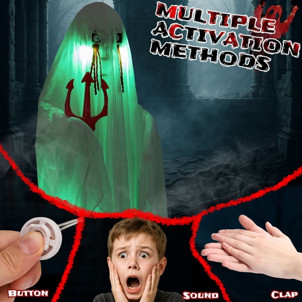 Alvantor Halloween Animated Decorations - 4.3 FT Sound-Activated Ghost with Trident, Green LED Lights and Creepy Sounds