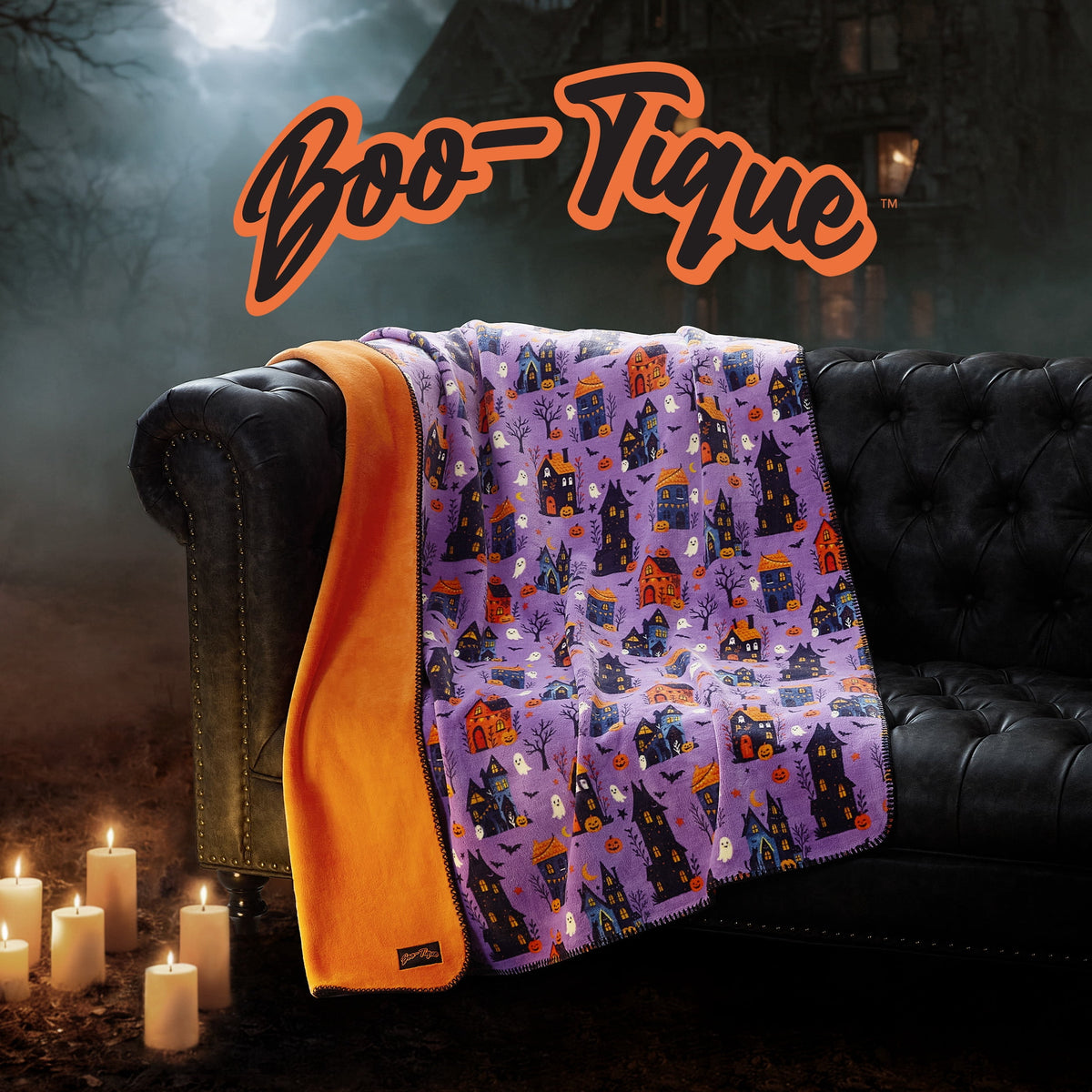 Boo-tique Halloween Plush Soft Oversized Couch Throw Blanket, Cats and Pumpkins, Orange, 50 x 72 in