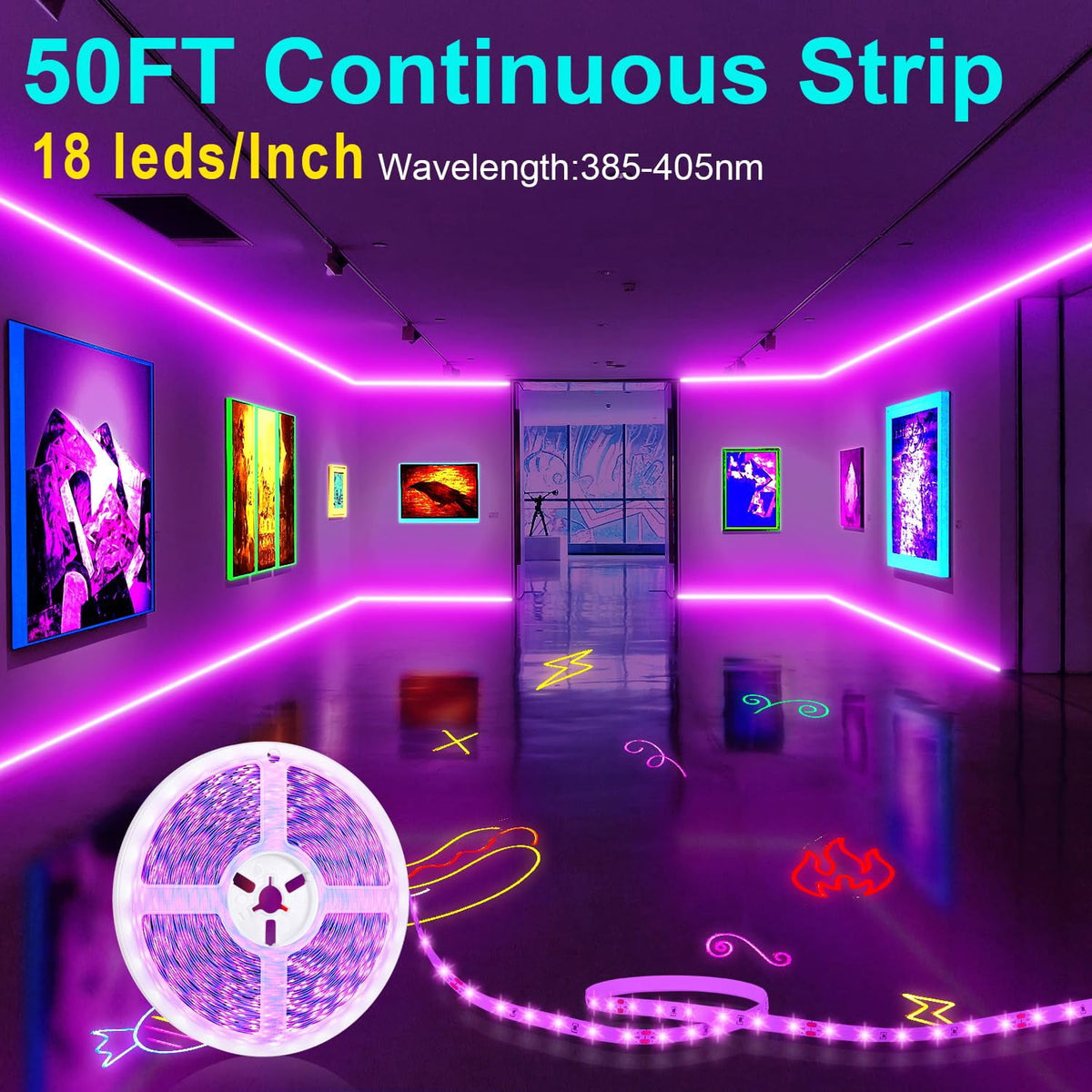Gliztech 100FT Black Light Led Strip App Control, Black Light for Glow Party with Remote, Self Adhesive UV Light Strip for Halloween Decor, 24V