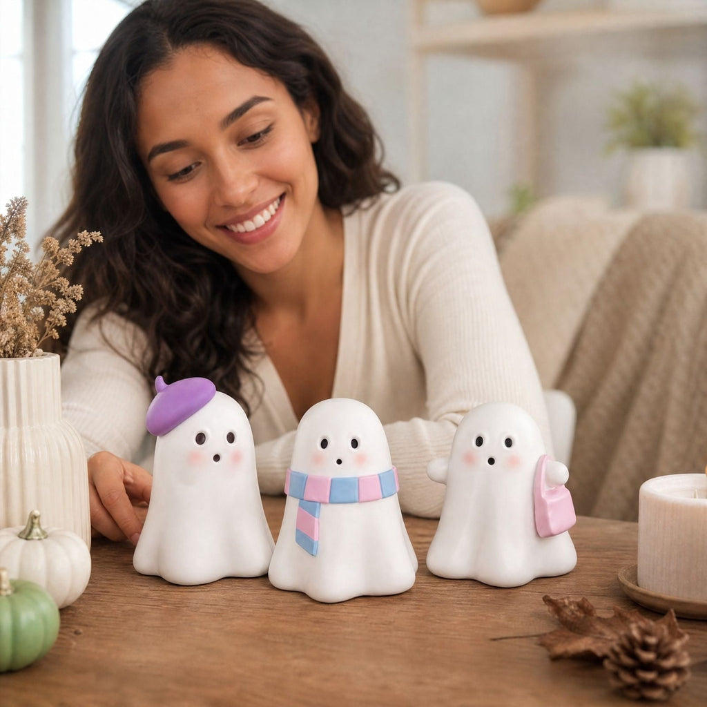 Pink Halloween Decor Ghost Candy Bowl Figurine with Bow and Scalloped Holder for Indoor Tabletop Decor and Party Favor Display