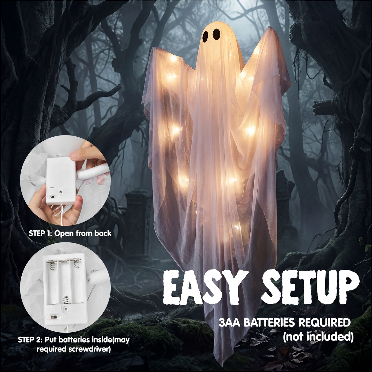 Joyfy 47inch Halloween Decorations Outdoor Hanging Ghost,Light up White Ghosts with Spooky Warm White LED Light,Halloween Outdoor Yard Porch Decorations,Haunted House Decorations