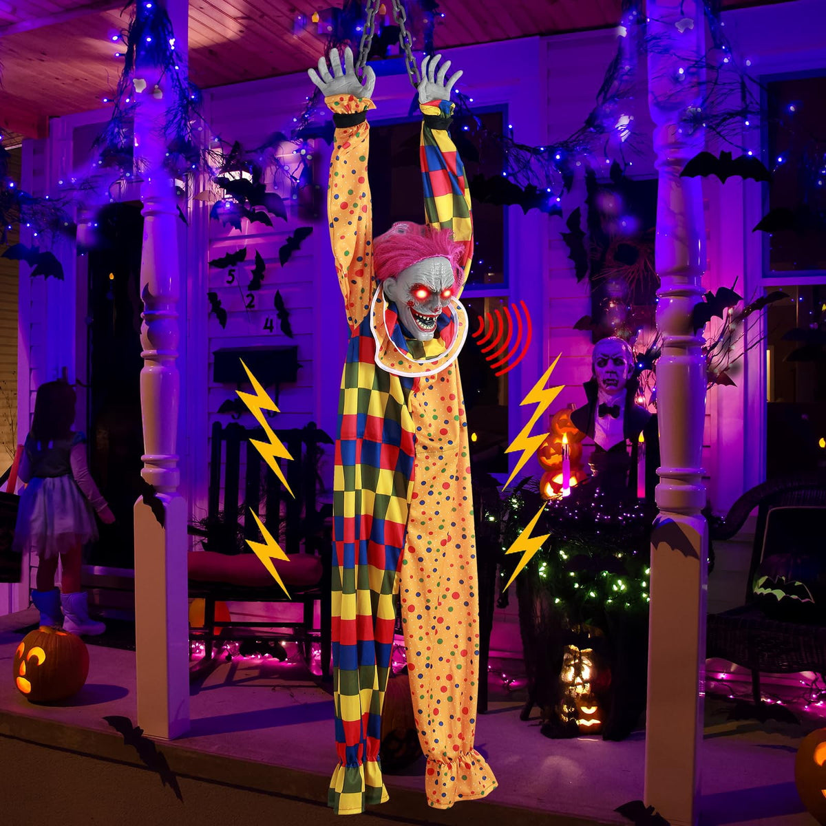 5.6 Ft Halloween Hanging Animated Talking Shaking Scary Clown with Chain Light Up Red Eyes Sound Touch Activated