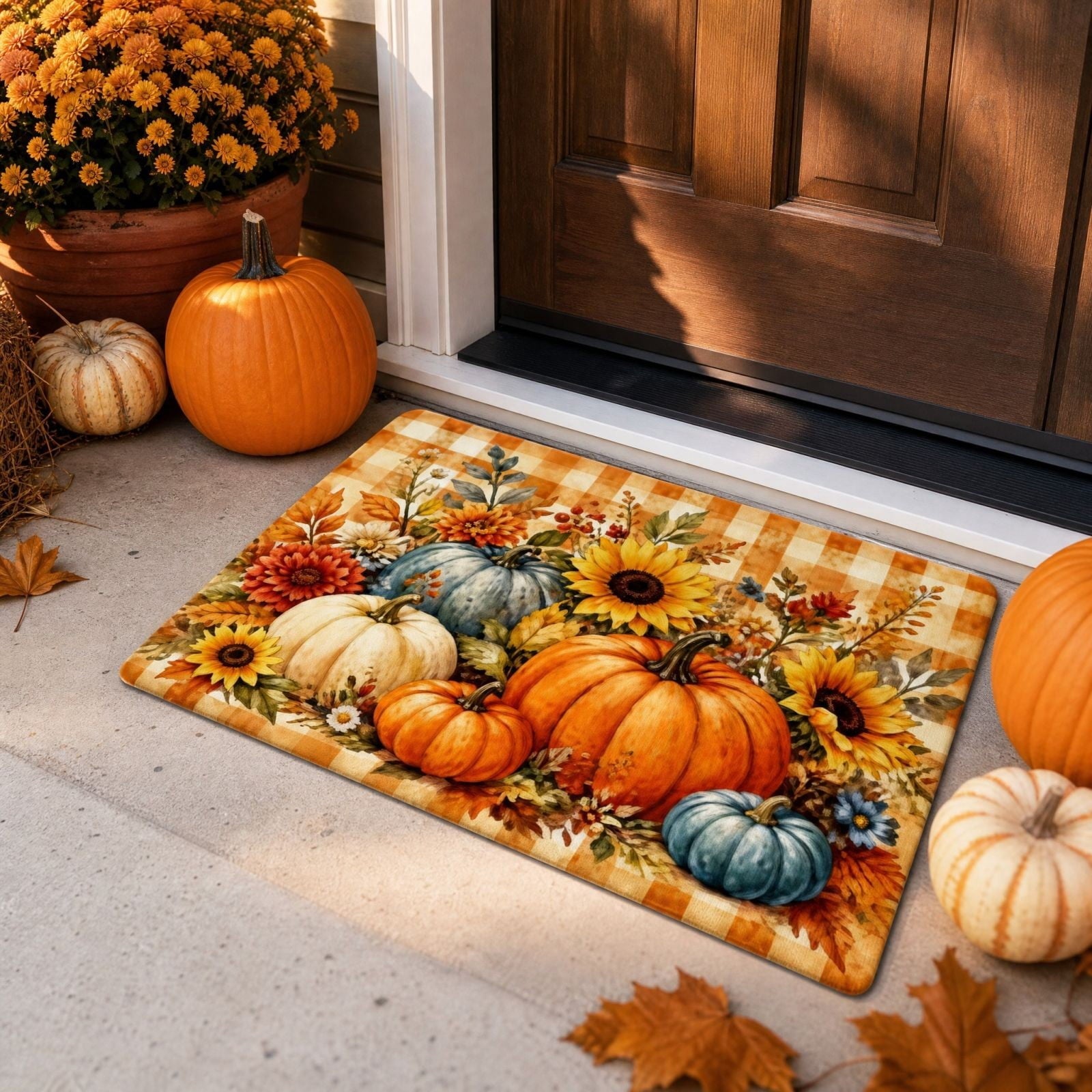 syligr Halloween Thanksgiving Doormat with Maple Leaf & Pumpkin Patterns - Non-Slip Floor Mat for Entryway, Kitchen, Porch, Fall Harvest Decor Rug with Anti-Fatigue Backing, Gift for Thanksgiving