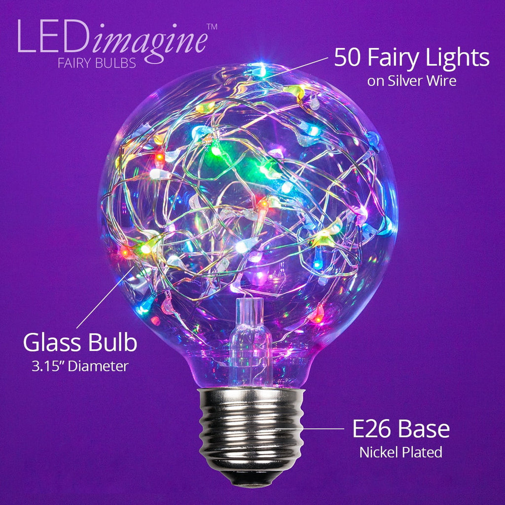 LEDimagine G80 Fairy Light Bulb, 50 Multicolor Color Changing LED Diodes Inside, Clear Glass Finish, E26 Base