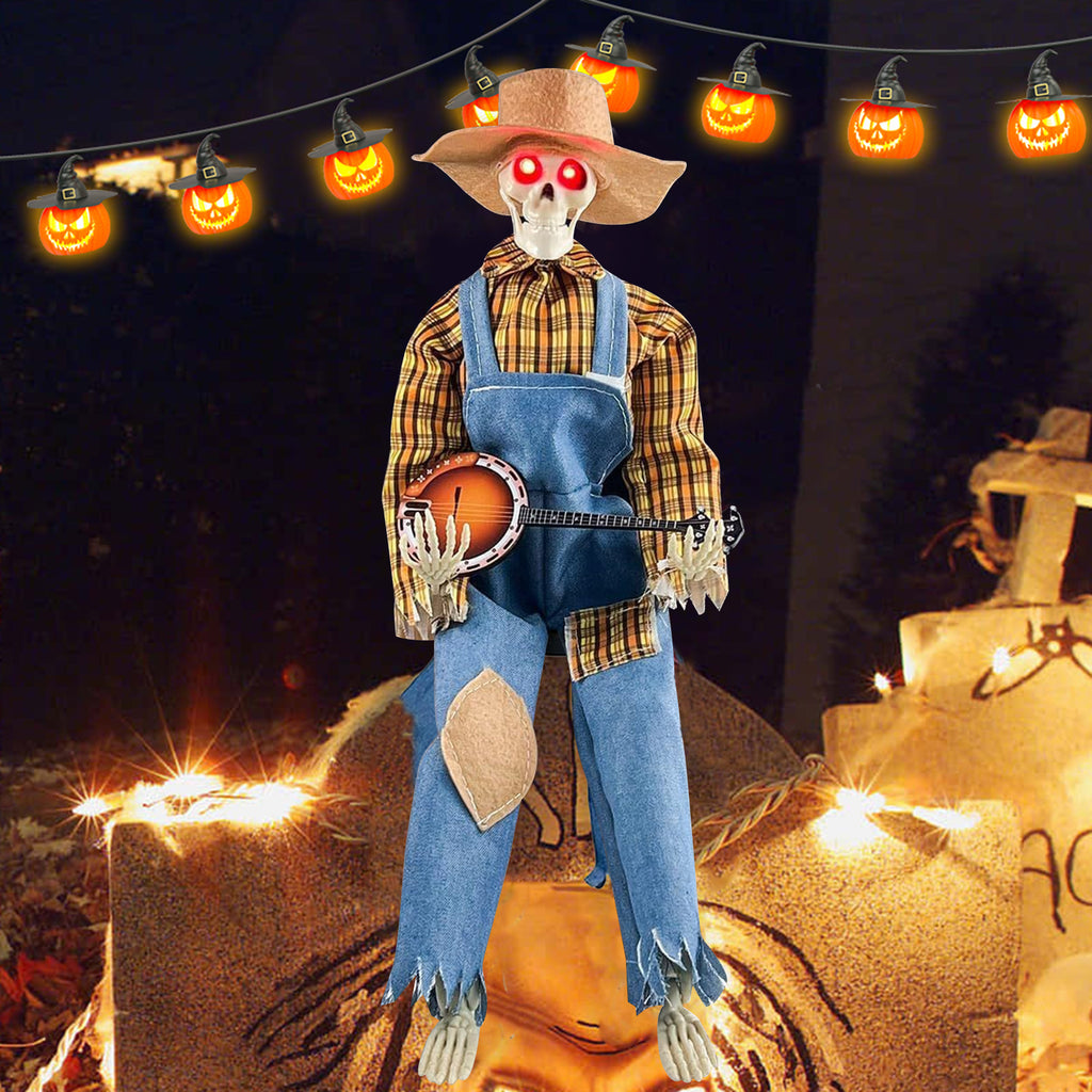 15" Animated Banjo Cowboy Skeletons with Clothes and Hat for Party Shelf Halloween Decorations(Red)
