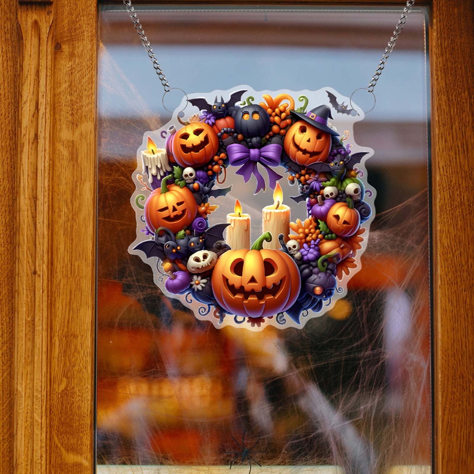 Btomtd Diameter 8" Pumpkin Skull Wreath Halloween Decor Acrylic Round Disk Hanging Ornament with Garland for Front Door Window, B