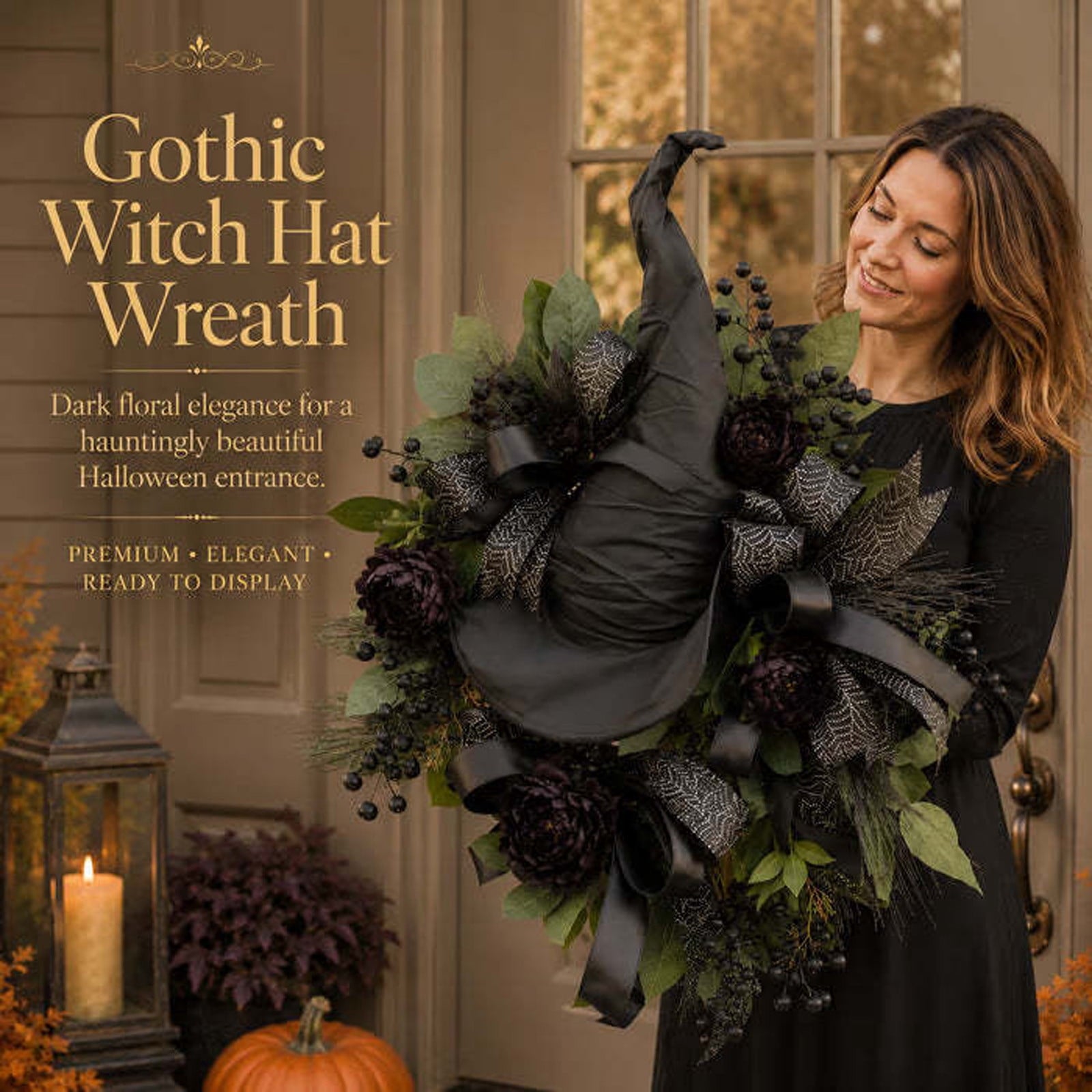 Luckky Black Rose Witch Hat Front Door Wreath,Elegant Spooky Halloween Door Decor with Spider Web Ribbon,Creepy Stylish Wreath for Home Accent,Gothic Themed Party & Indoor Room