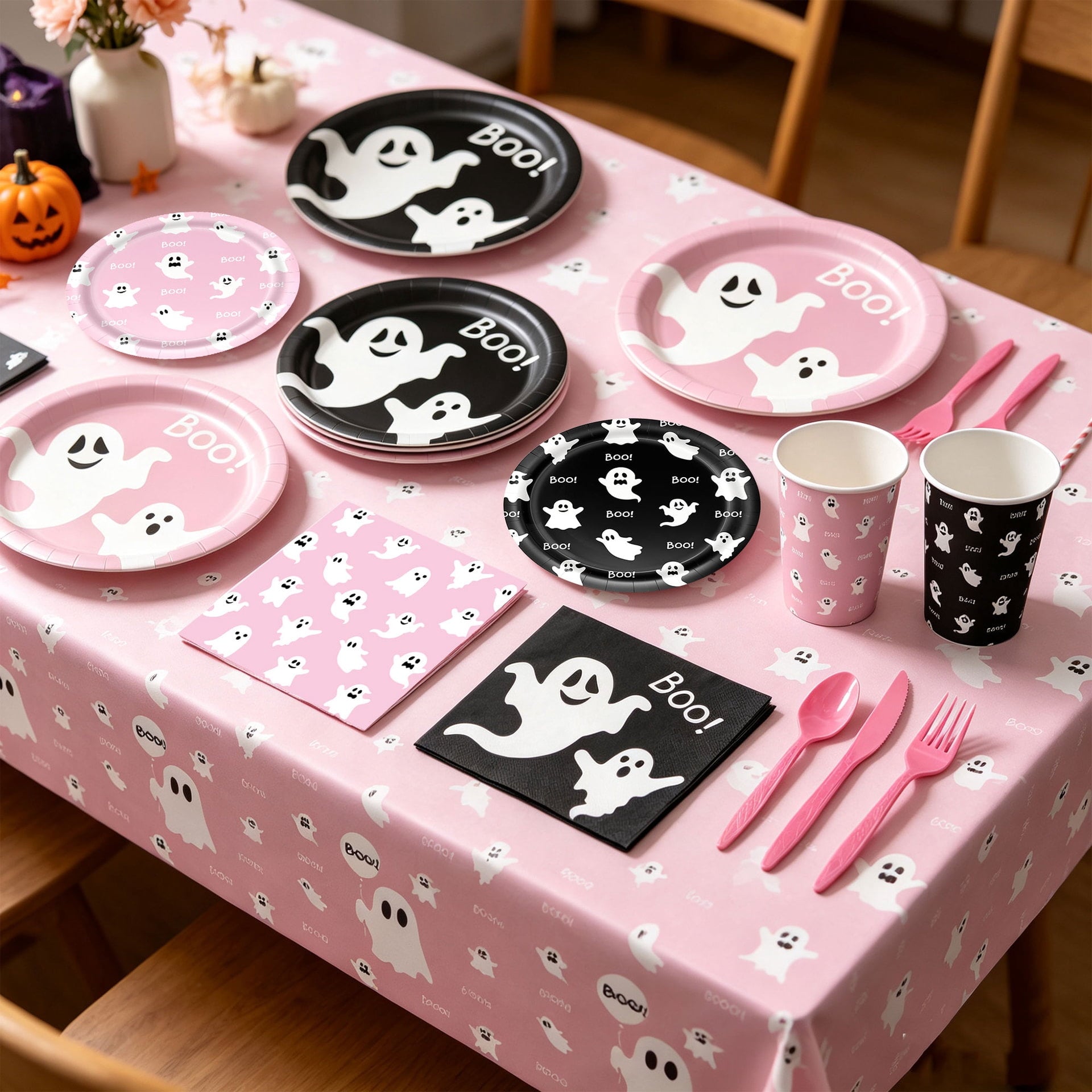 50/73/93Pcs Halloween Boo Party Tableware Supplies Decorations,Spooky Ghost Plates Napkins Boo Ghost Tableware Tablecloth Banner for Halloween Birthday Party Boo Baby Shower Party Supplies