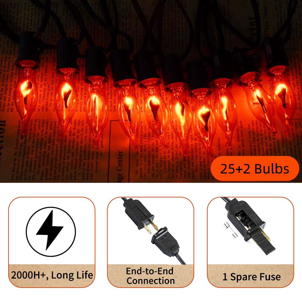 12.8Ft Christmas Lights Flickering Flame String Lights with 12 Pack Clear C7 Flame Light Bulbs（2 Spare）, Great for Indoor Outdoor Home Patio Party Christmas Decorations Lights, 1W, E12 Base