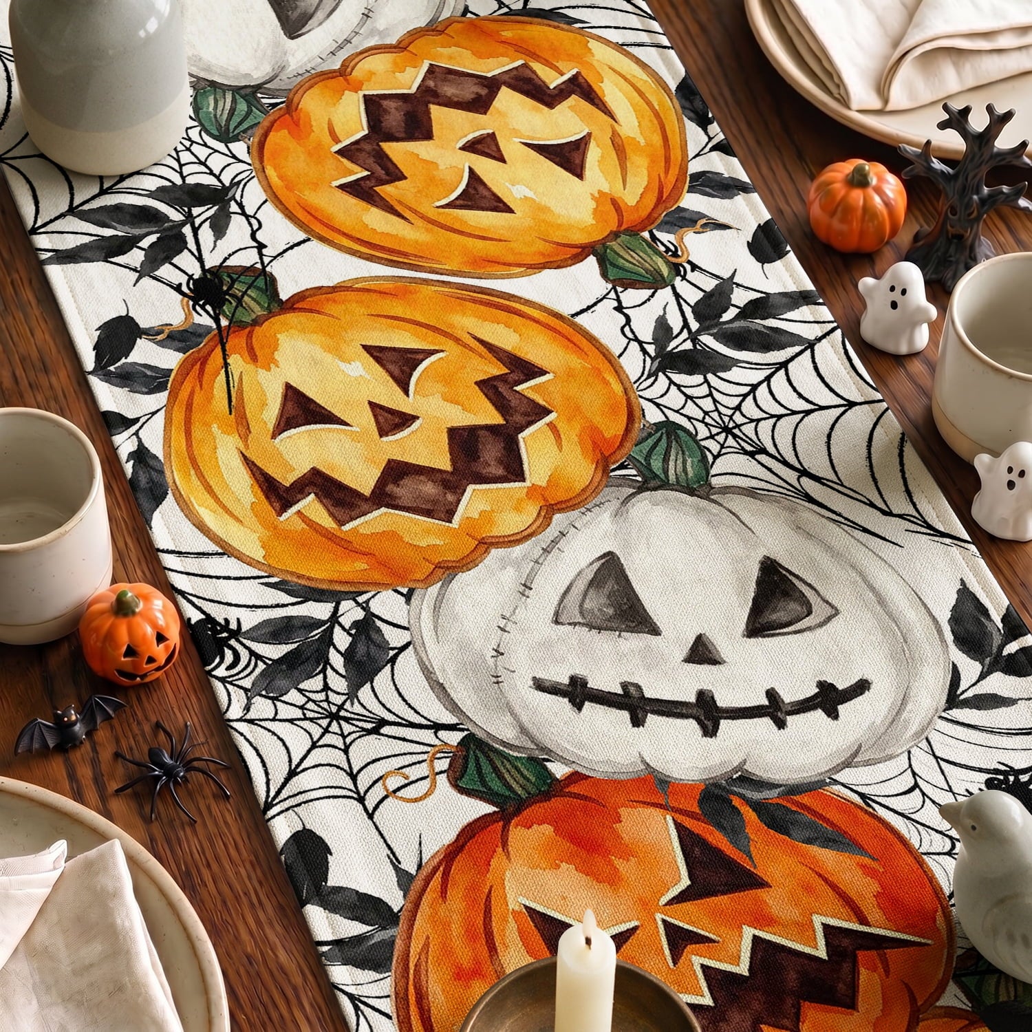 Smile Jack O Lantern Pumpkin Ghost Spider Halloween Table Runner 13 x 72 Inch