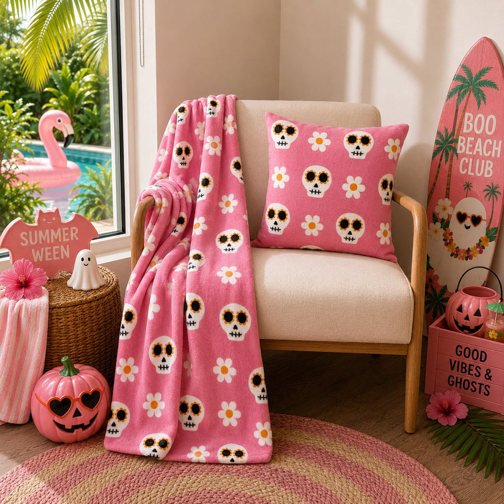 Summerween 18"x18" Plush Decorative Pillow, Vacation Ghosts