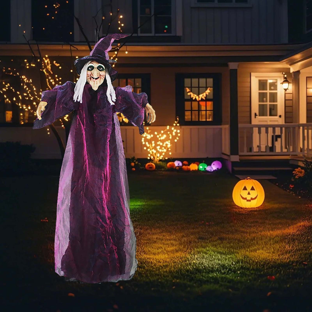 DAMAI 5.9 FT Hanging Witch Halloween Decorations Outdoor,Hanging Witch Halloween Decor,Giant Animated Standing Talking Witch with Red Eyes,Flying Witch Standing Decor for Haunted House Props
