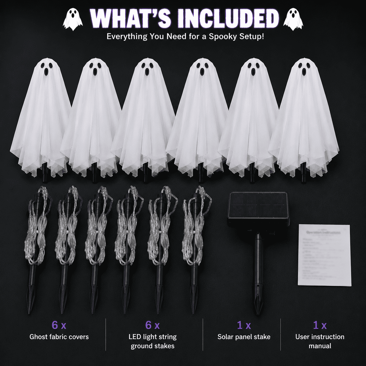 6 Pack Solar Halloween Ghost String Stake Lights, White LED Pathway Lights with 8 Lighting Modes, Waterproof Outdoor Halloween Decor for Garden Yard Lawn Walkway Graveyard Decor