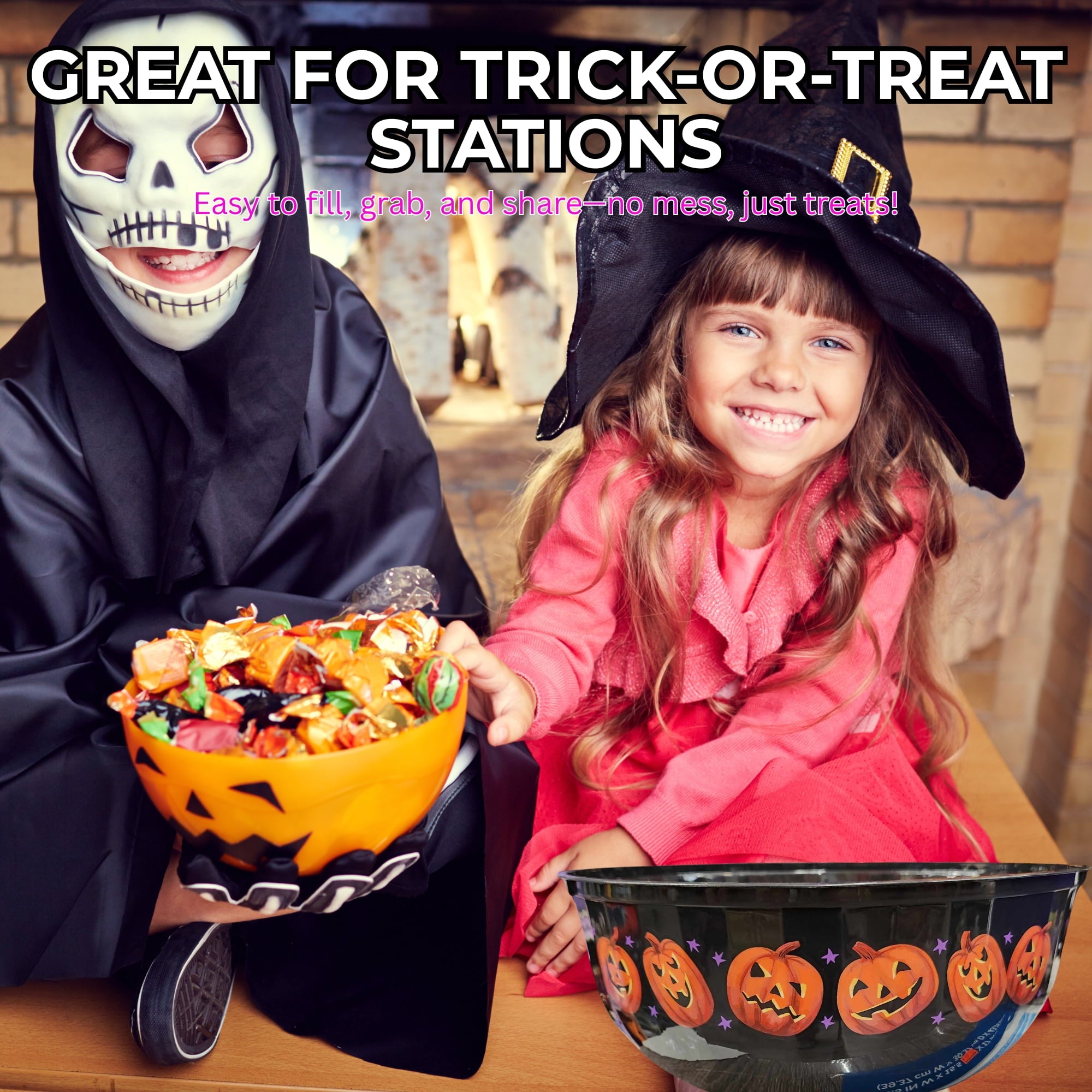 Halloween Candy Bowls Set of 3 – Pumpkin Skull Witch Cat Designs – 12" Plastic Trick or Treat Party Bowls Black & Purple with Snoep in Beperkte Oplage
