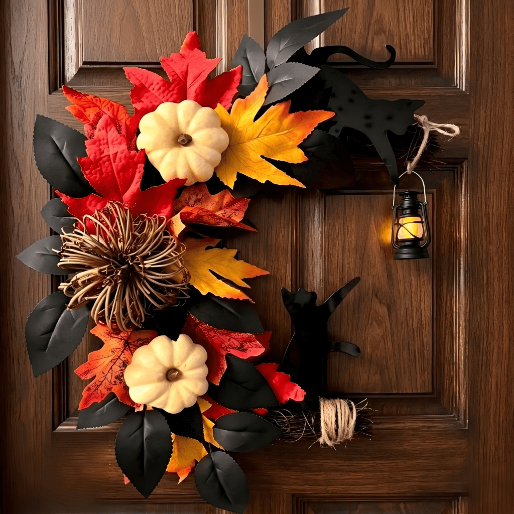 Halloween Wreaths Fall Wreath 15 Inch Fall Halloween Half Wreath with Black Cats-Door Wreath with LED Lantern (Batteries Not Included) Autumn Harvest Wreath for Front Door, Wall, Thanksgiving & Hallo