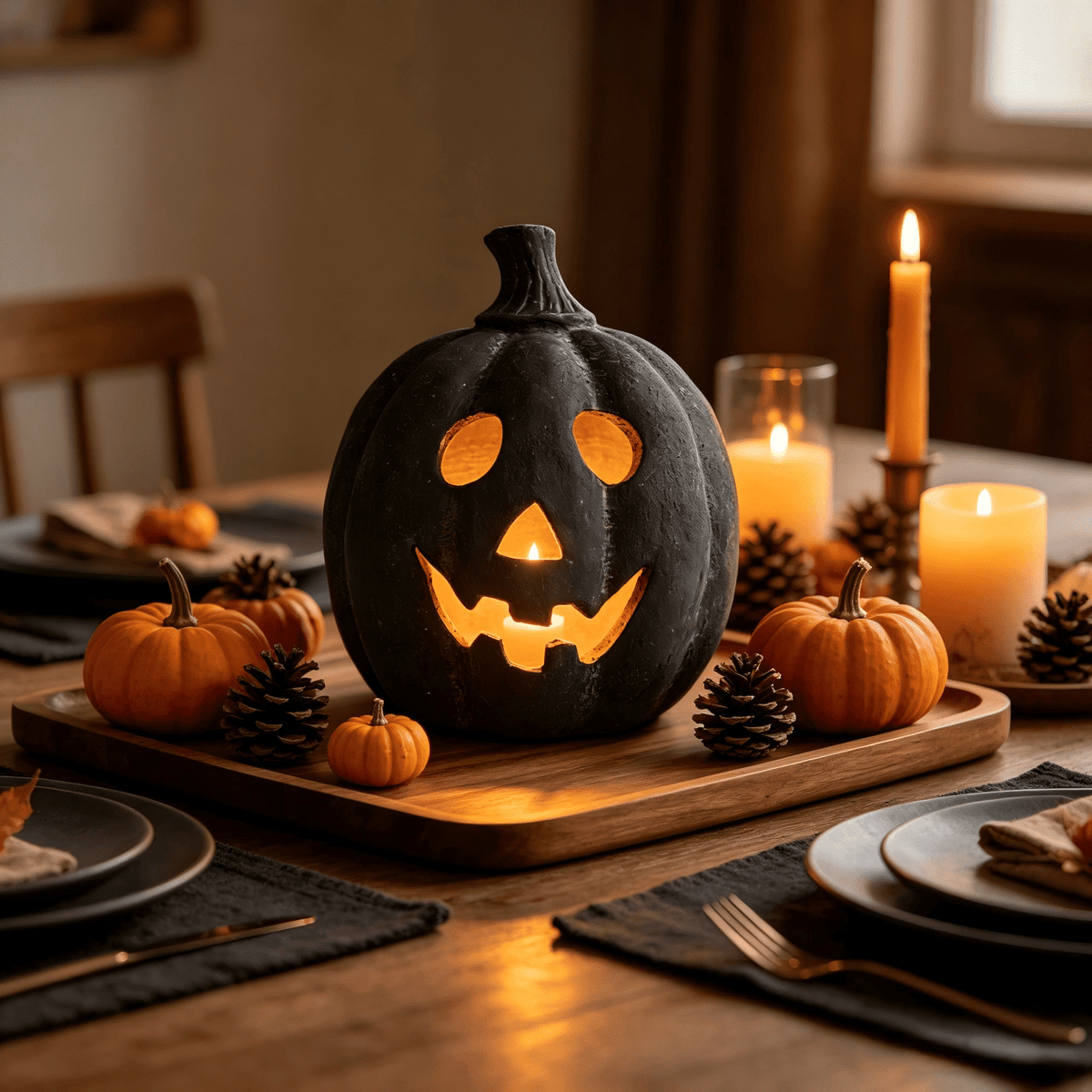 Halloween Decorations - 9.8" Black Handmade Resin Jack O Lantern Pumpkin Fall Decor, Indoor Outside Gothic Festival House Centerpiece Decoration for Table Garden Living Room Mantel