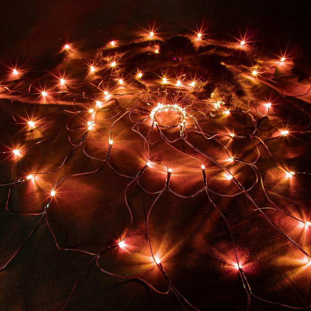 Halloween Decorations Spider Web Lights, 70 LED 8 Modes Battery Operated Waterproof Net Lights with Black Spider, Halloween Indoor Outdoor Orange