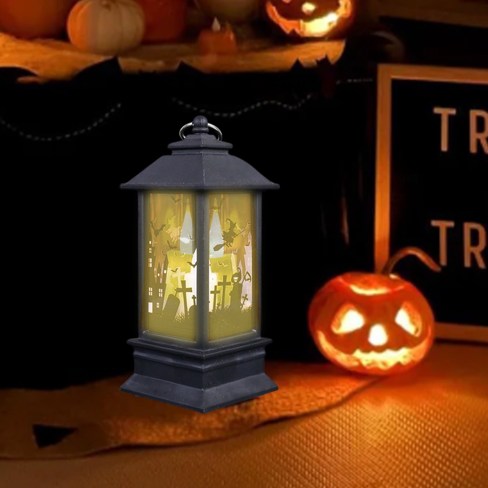 Black Halloween Mini LED Lantern Table Centerpiece 5.1 Inch for Indoor Decor, 2 Inch, 5 cm