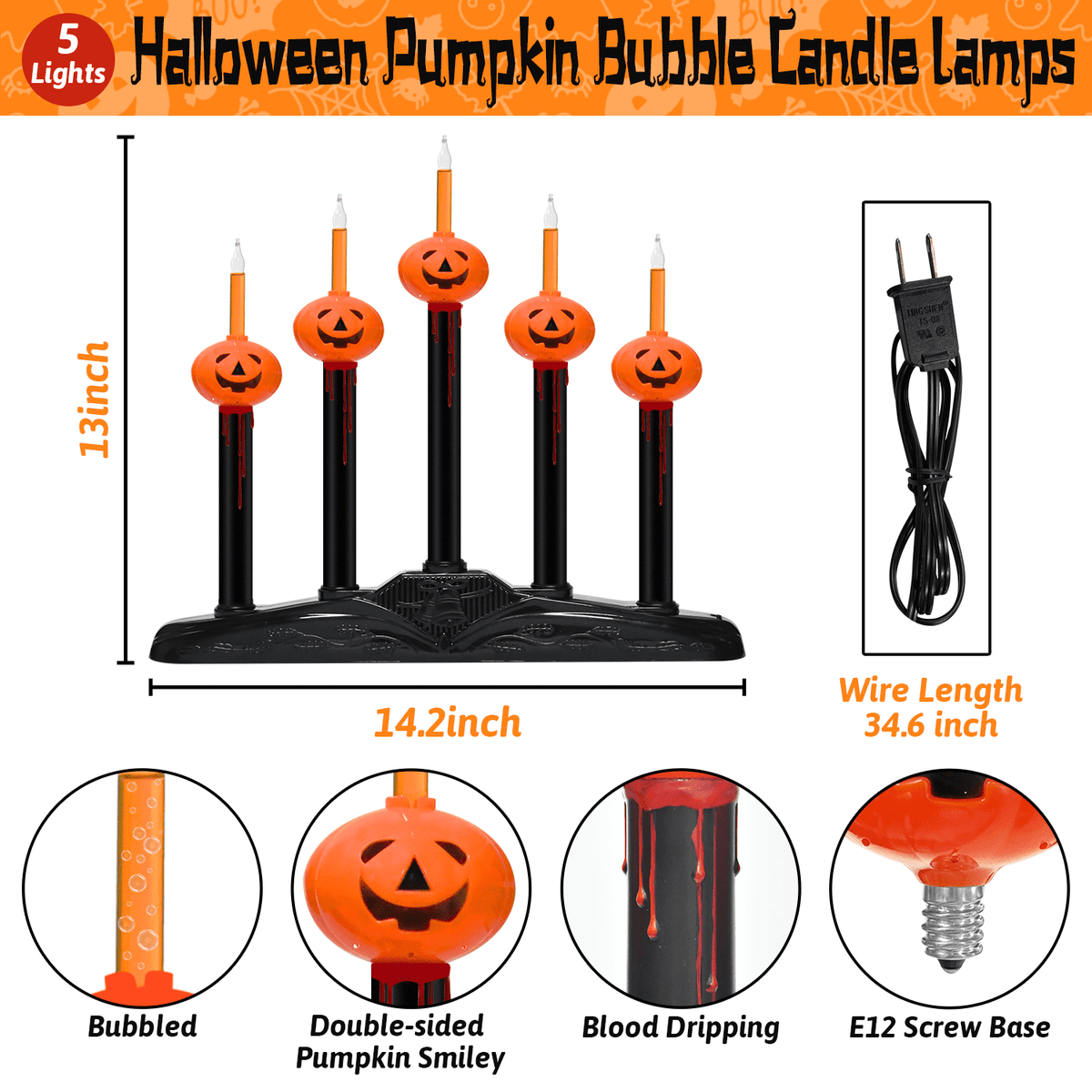 Halloween 5 Lights Pumpkin Bubble Candle Lamps, Plug in Electric Window Candle Lamps with 6 Pumpkins Bubble Lights(1 Spare), E12 Base, Vintage Candelabra Lights Great for Mantel Window Table Decor