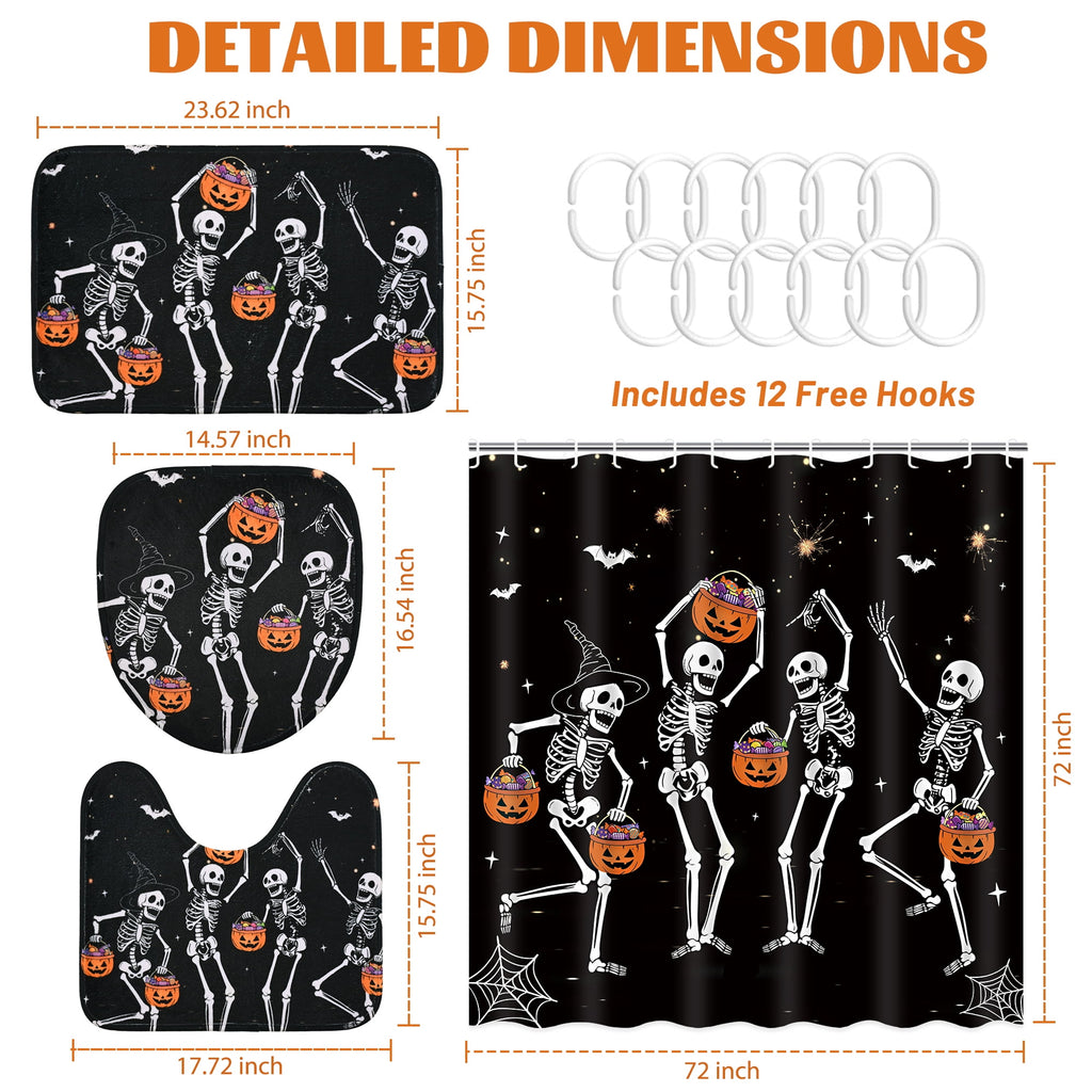 FRAMICS Halloween Shower Curtain Sets with Rugs, 16 Pc Pumpkin Spooky Ghost Bathroom Sets, Black Waterproof Fabric Shower Curtain with 12 Hooks and Toilet Rugs