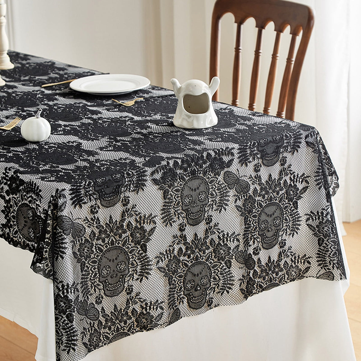 Halloween Lace Tablecloth 86.61x39.37" - Reusable Skull Print Gothic Party Table Cover for /Dinner Decor