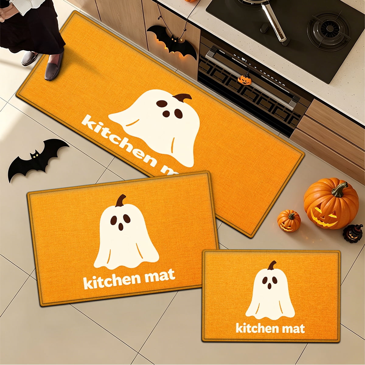 YIMEIS Halloween White Pumpkin Multi-purpose 3-Piece Flannel Mat and Kitchen Rugs,Soft Non-slip for Home Bedroom Bathroom