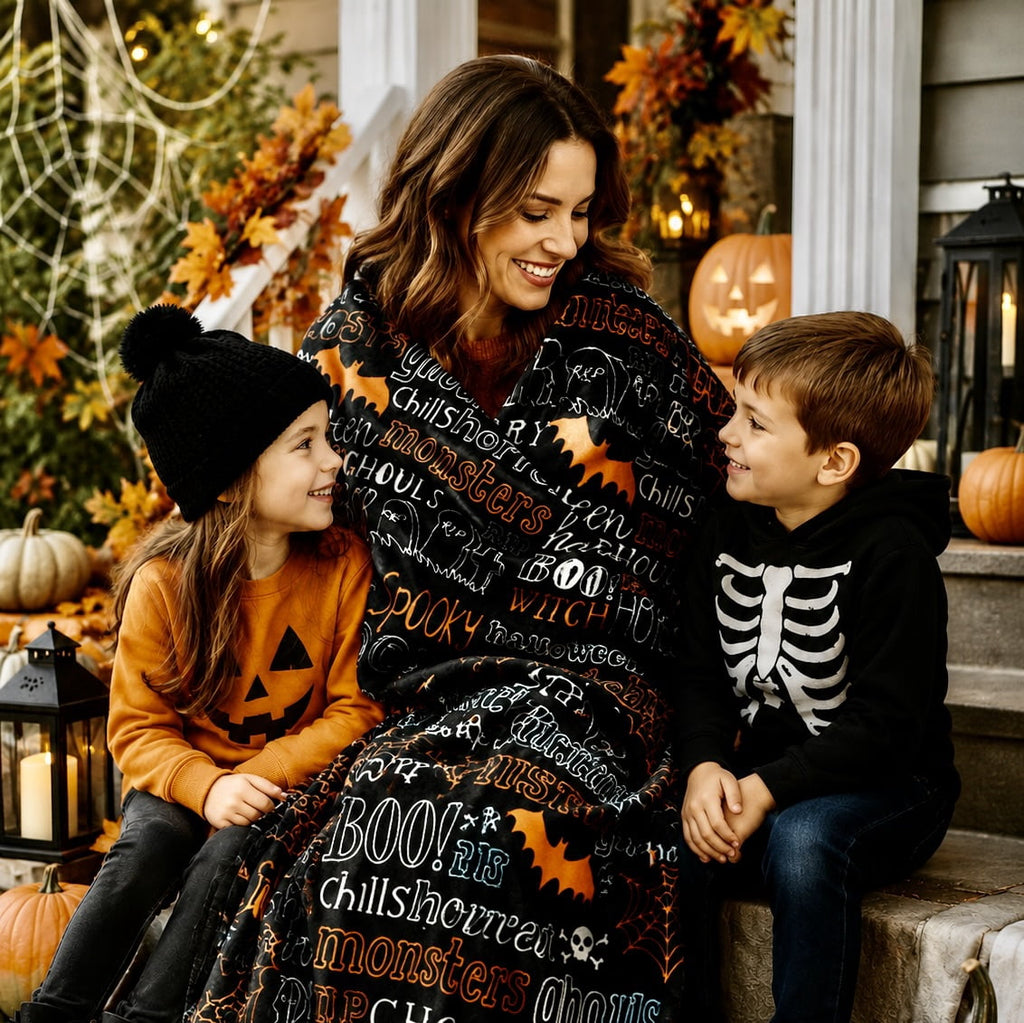 Serafina Home Halloween Throw Blanket: Fuzzy Boo! Jack O'Lantern Spider Webs Skull and Black Cats Print on Velvet Fleece for Sofa Bed Couch Chair Dorm