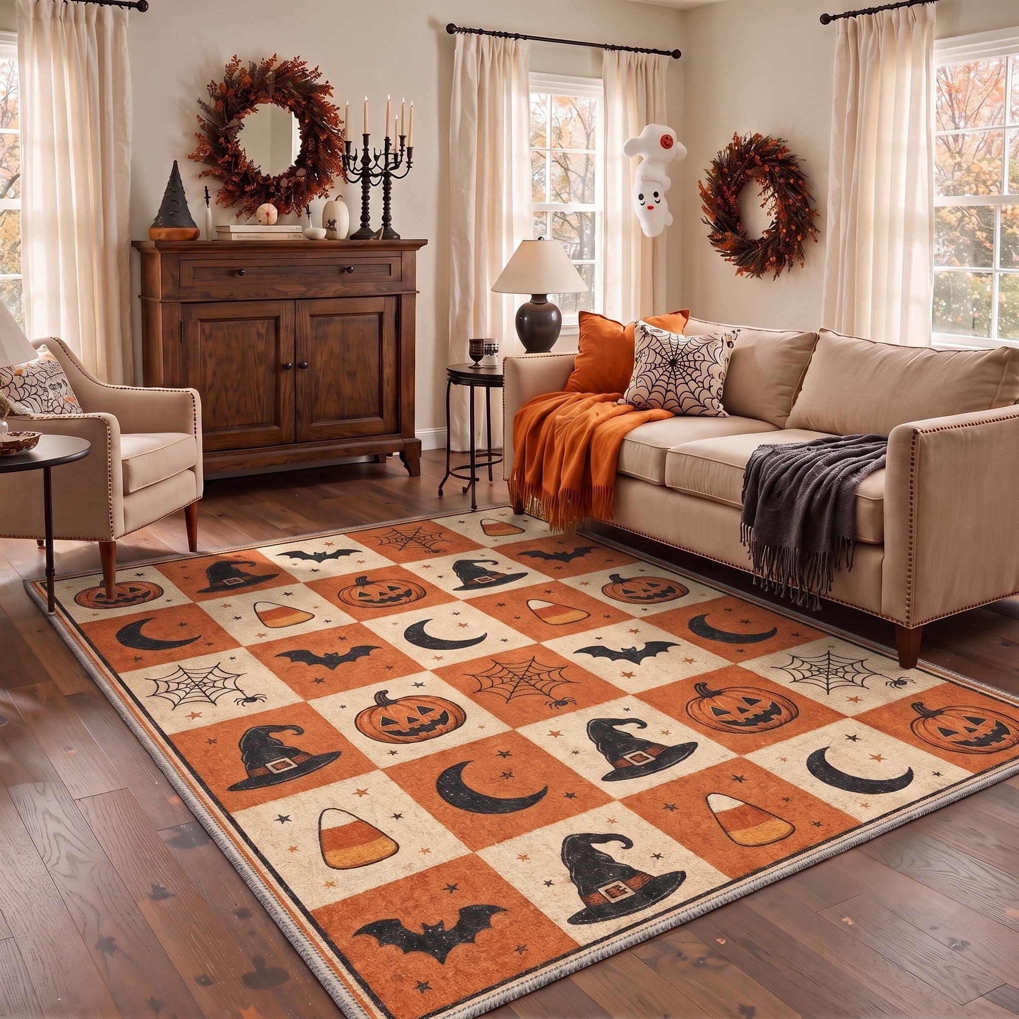 GENIMO 2'x7' Halloween Runner Rug, Washable Non Slip Soft Vintage Witch Indoor Outdoor Hallway Runner for Porch Patio Kitchen Entryway, Vintage Black