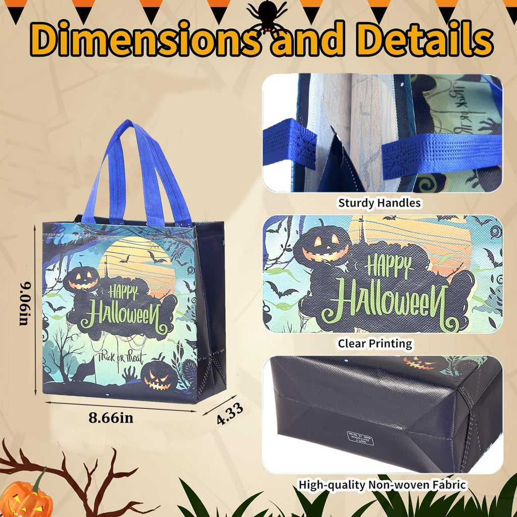 12 Packs Halloween Trick or Treat Bags, Reusable Non-Woven Gift Tote With Handles, Goodie Bags for Party Supplies, 9.06*8.66*4.33